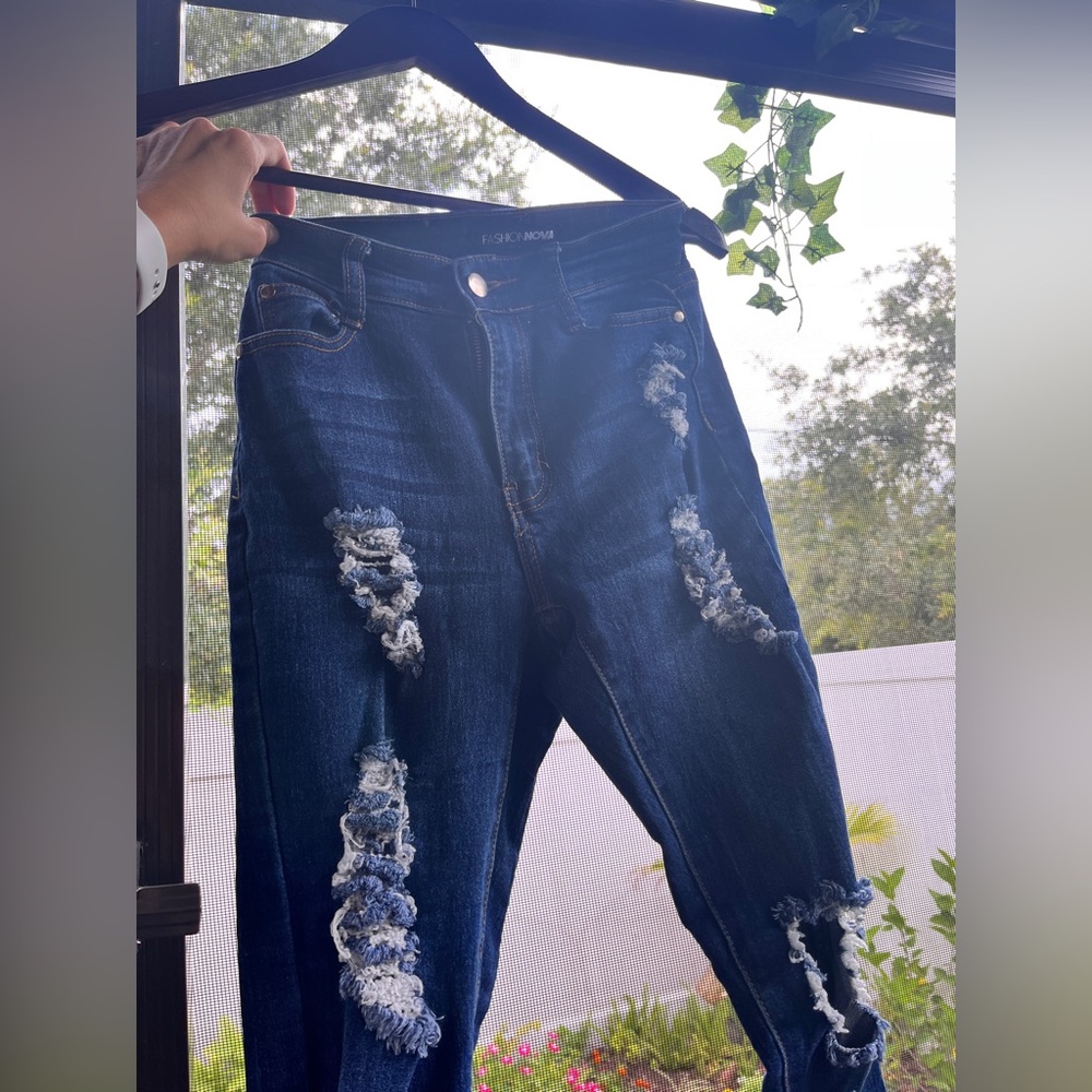 Fashion Nova Dark Blue Denim Ripped with Holes
